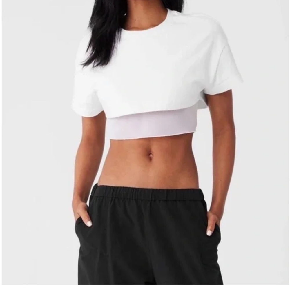 ALO Yoga White Layered Crop Top with Light Lavender Band